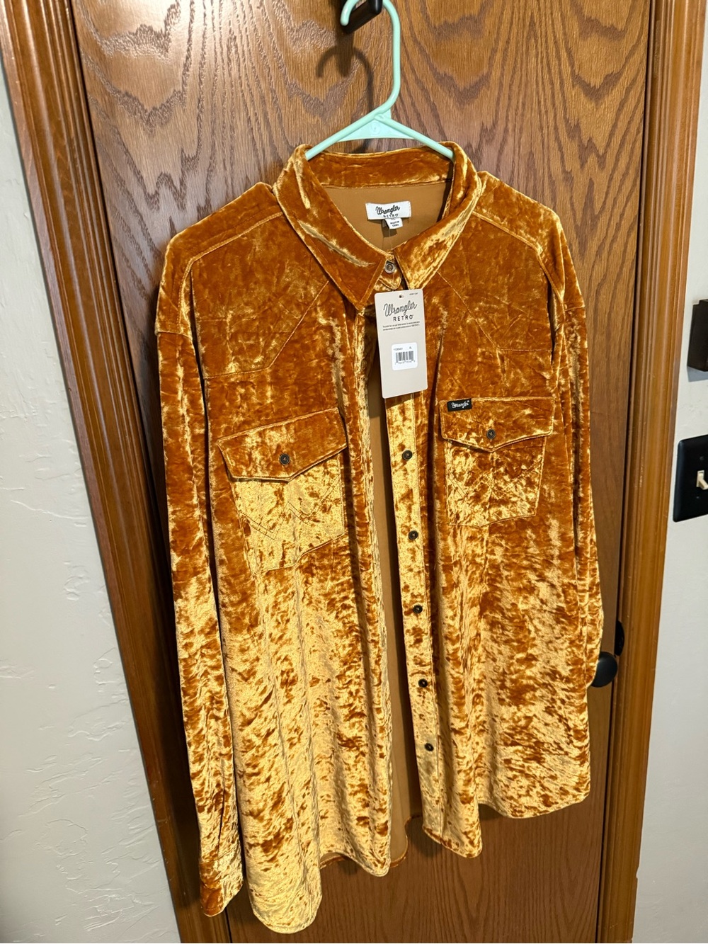 Wrangler Velvet Button-Down Shirt Jacket in Mustard Gold